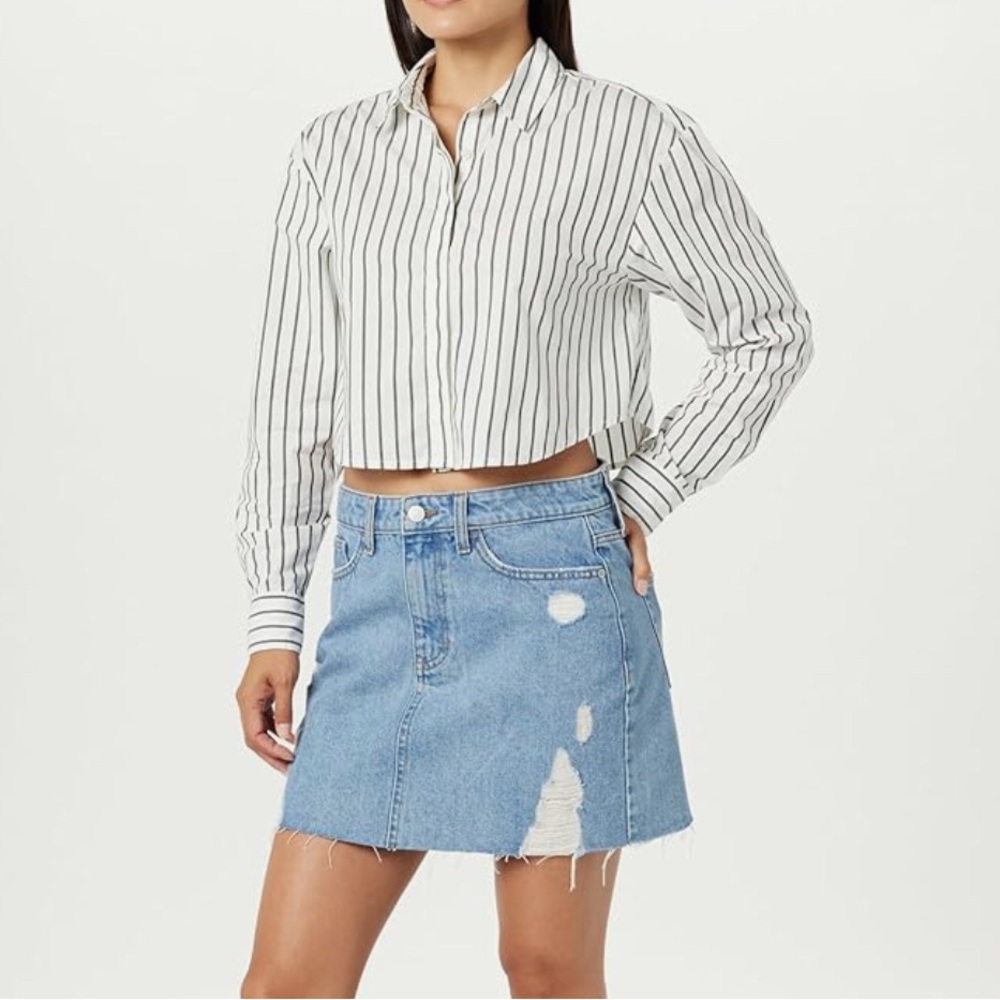 Striped White Button-Up Shirt and Distressed Denim Skirt